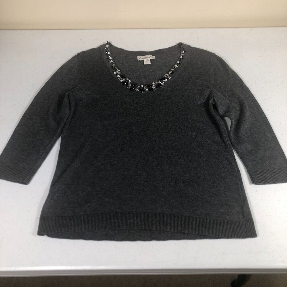 Coldwater Creek Beaded Sweater Gray‎ Medium Old Money Festive Glam Grannycore